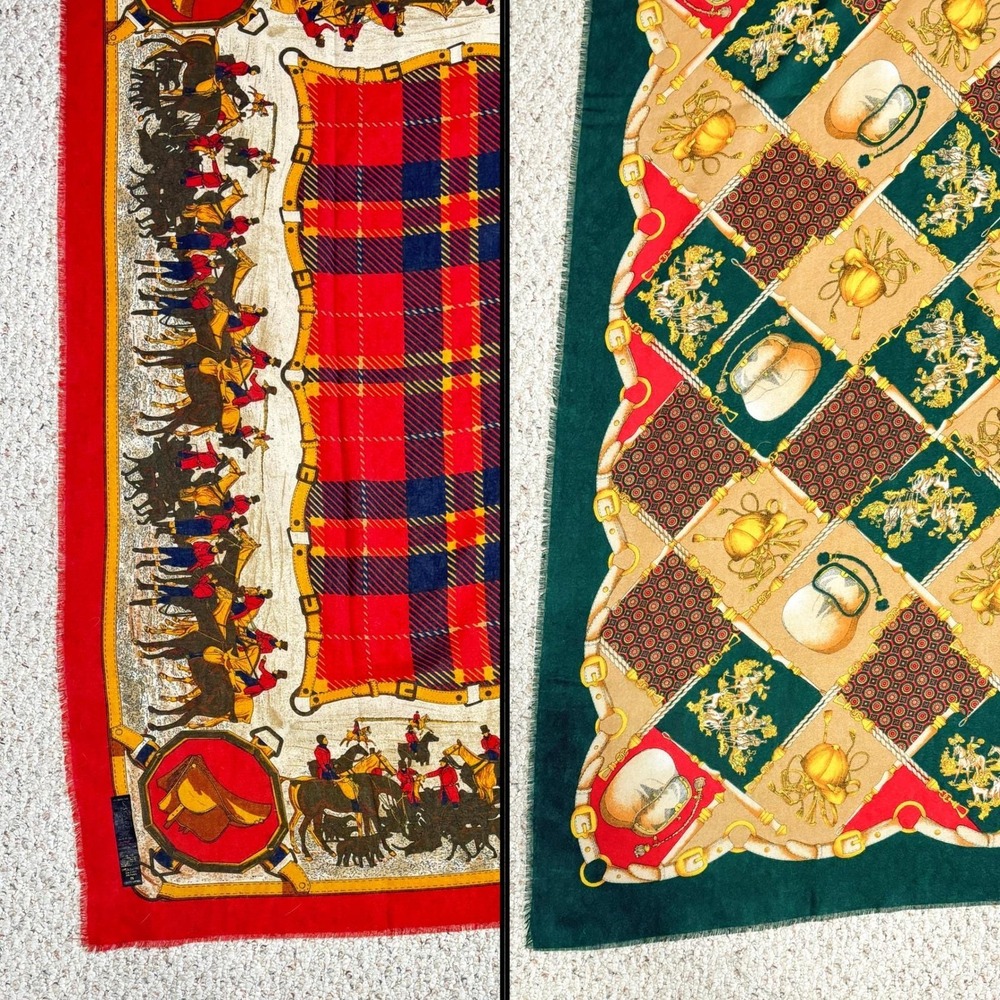 VTG Art of the Scarf Equestrian Large Scarf Set Plaid Fox Hunt Horse Italy